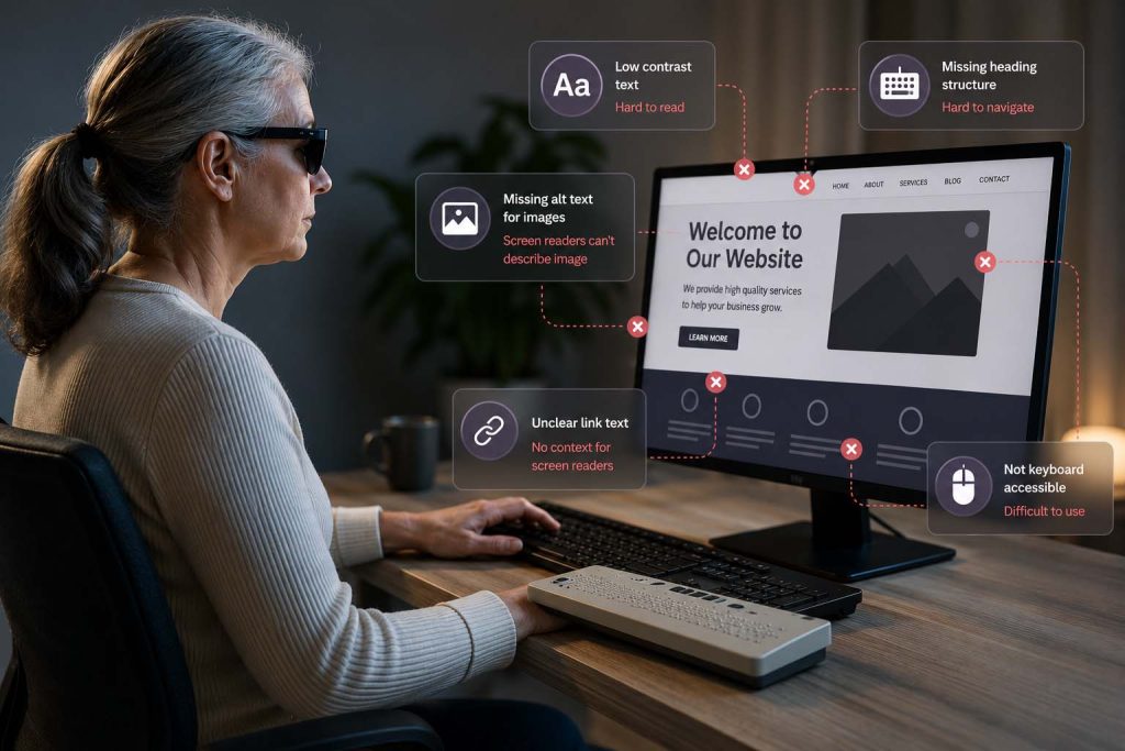 Blind person using a computer with website accessibility issues highlighted.