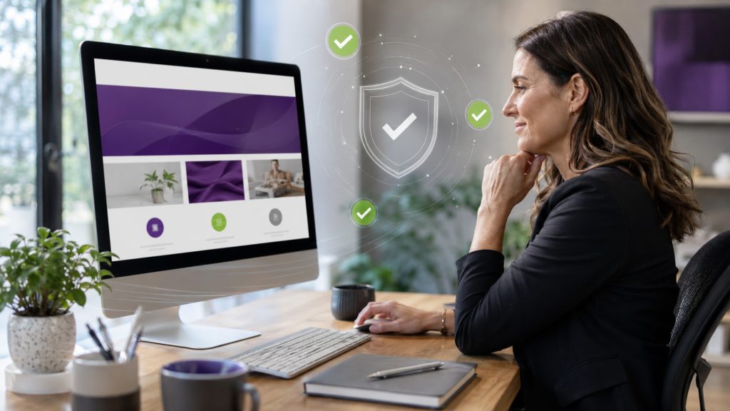 Business owner checking her website after a security update, with digital shield and confirmation symbols.